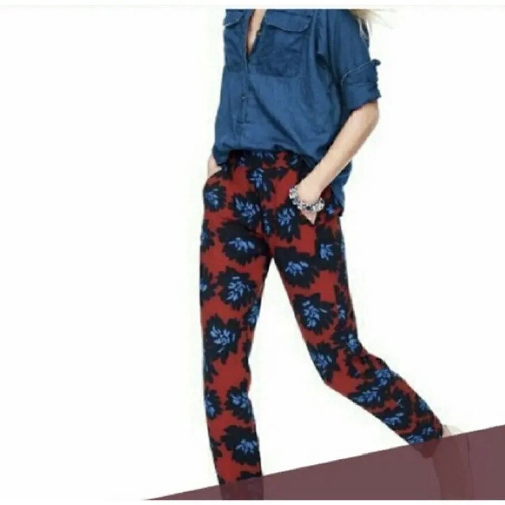 J. CREW Joggers Red Blue Floral Elastic Waist Ankle Crop Dress Pants Flower 00 - Picture 4 of 12